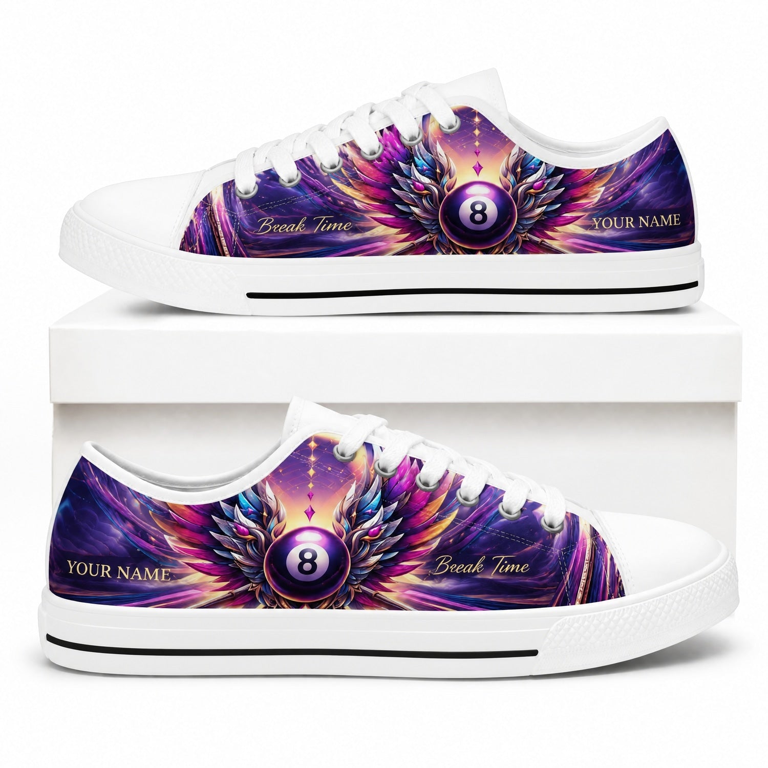 Eight Ball Wings Graphic Personalized Low Top Shoes Box White