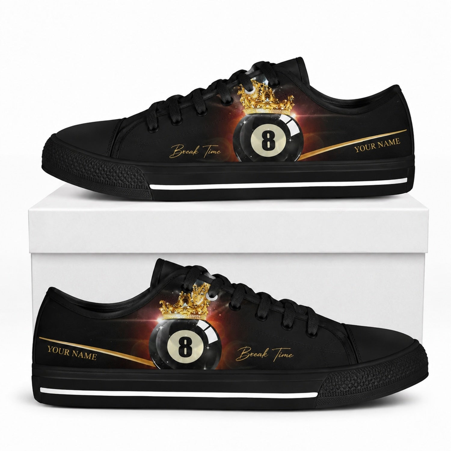 Eight Ball With Crown Graphic Personalized Low Top Shoes Box Black