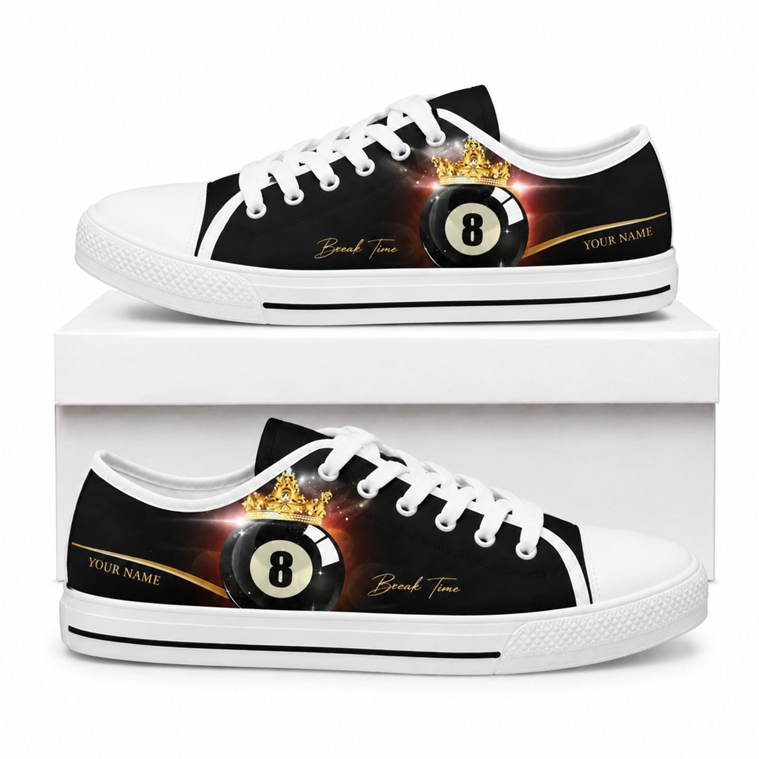 Eight Ball With Crown Graphic Personalized Low Top Shoes Box White