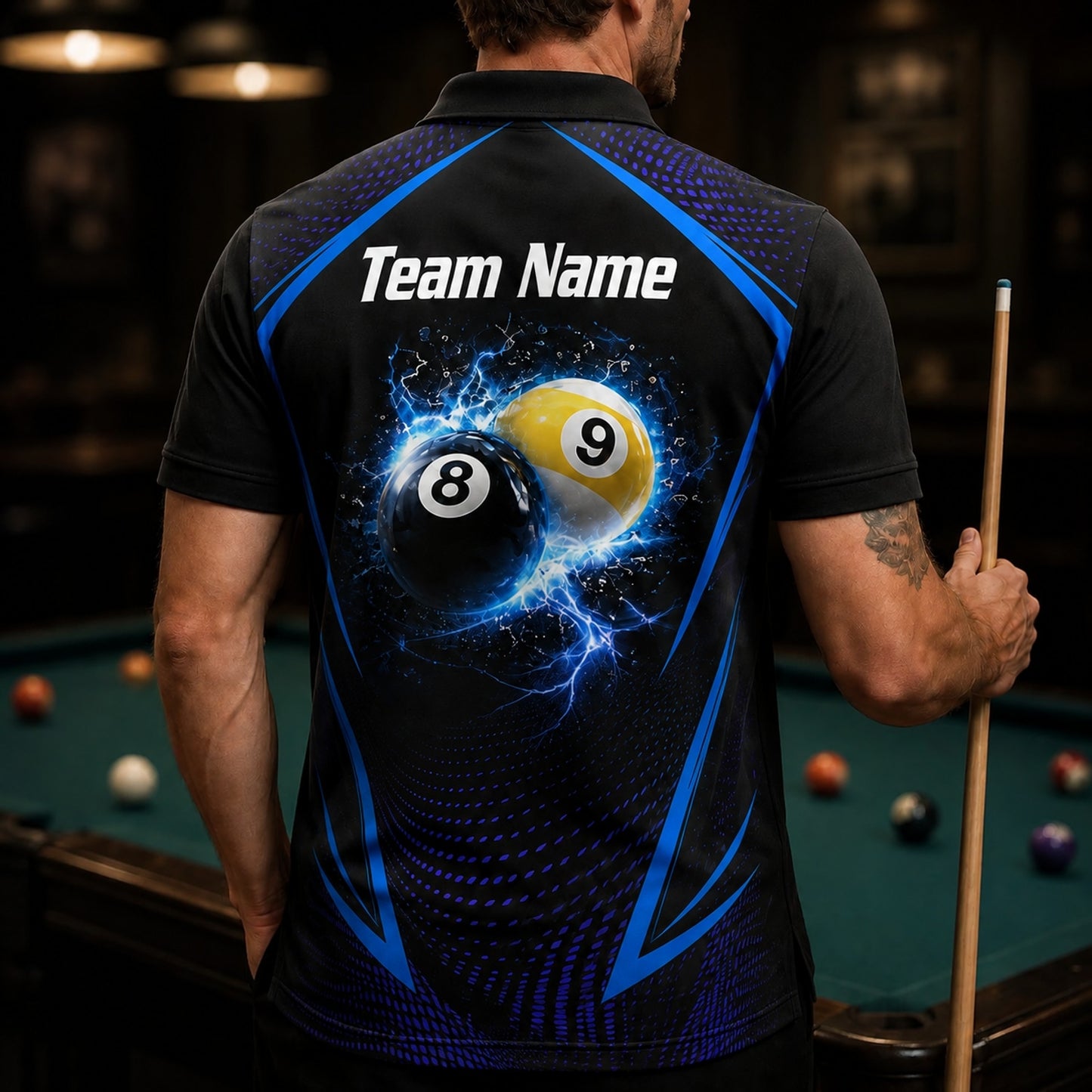 Electric 8 And 9 Ball Sport Personalized Billiard Polo Shirt Back View