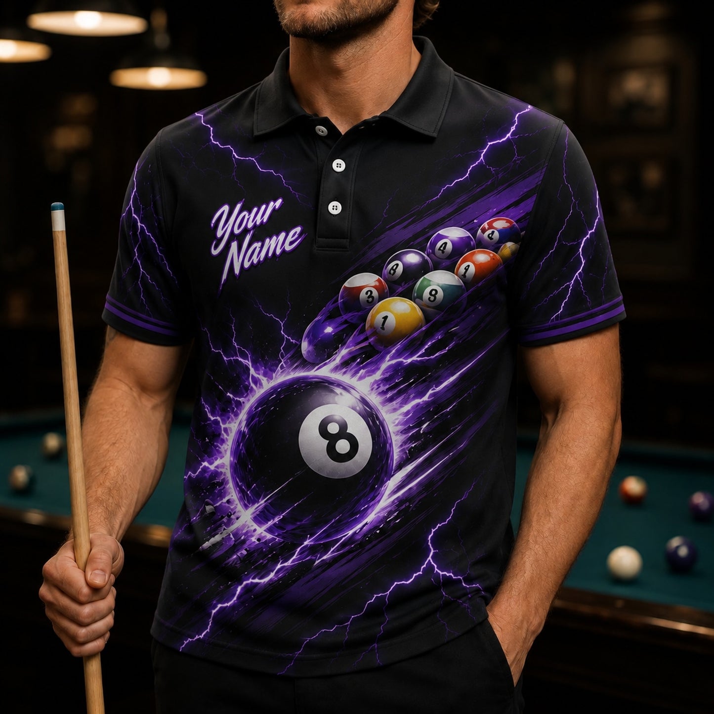 Electric 8 Ball Custom Billiard Polo Shirt Front View
