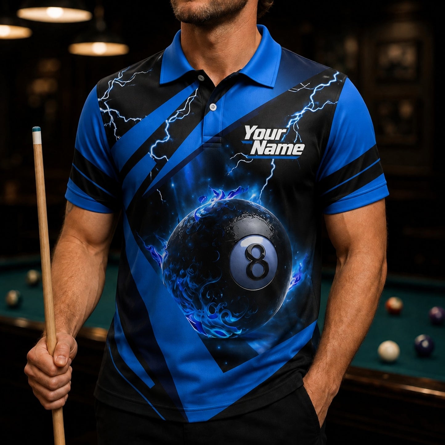 Electric 8 Ball Sport Custom Billiard Polo Shirt Front View