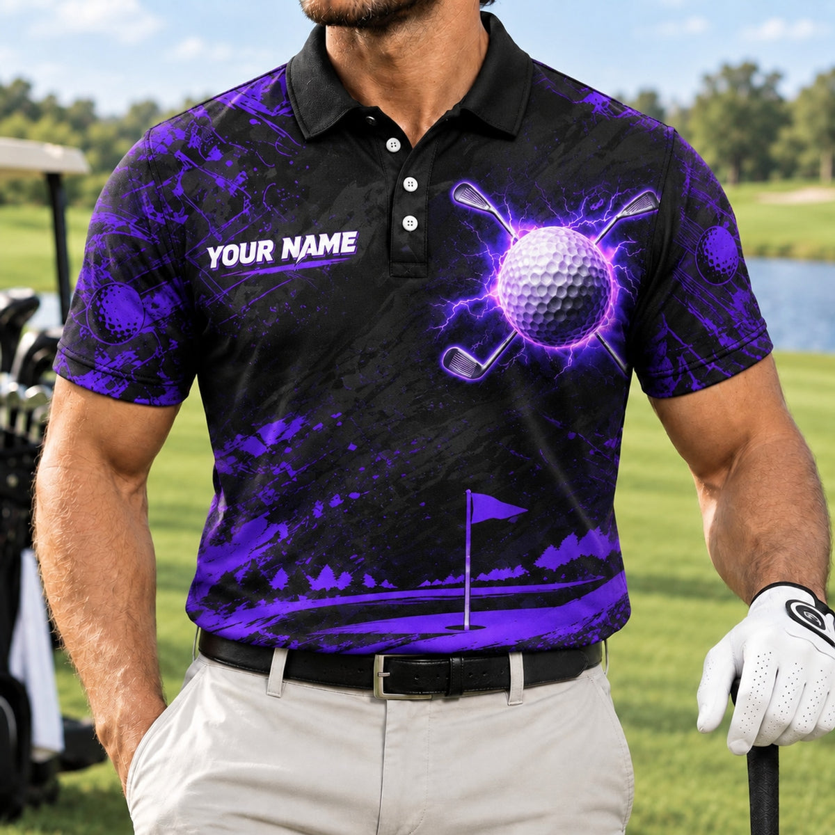 Electric Golf Ball Sport Personalized Golf Polo Shirt Front View