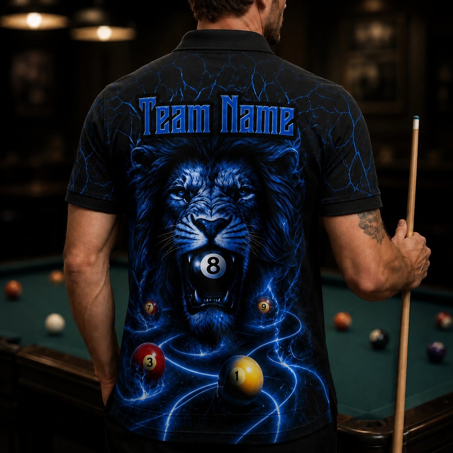 Electric Lion 8 Ball Graphic Personalized Billiard Polo Shirt Back View