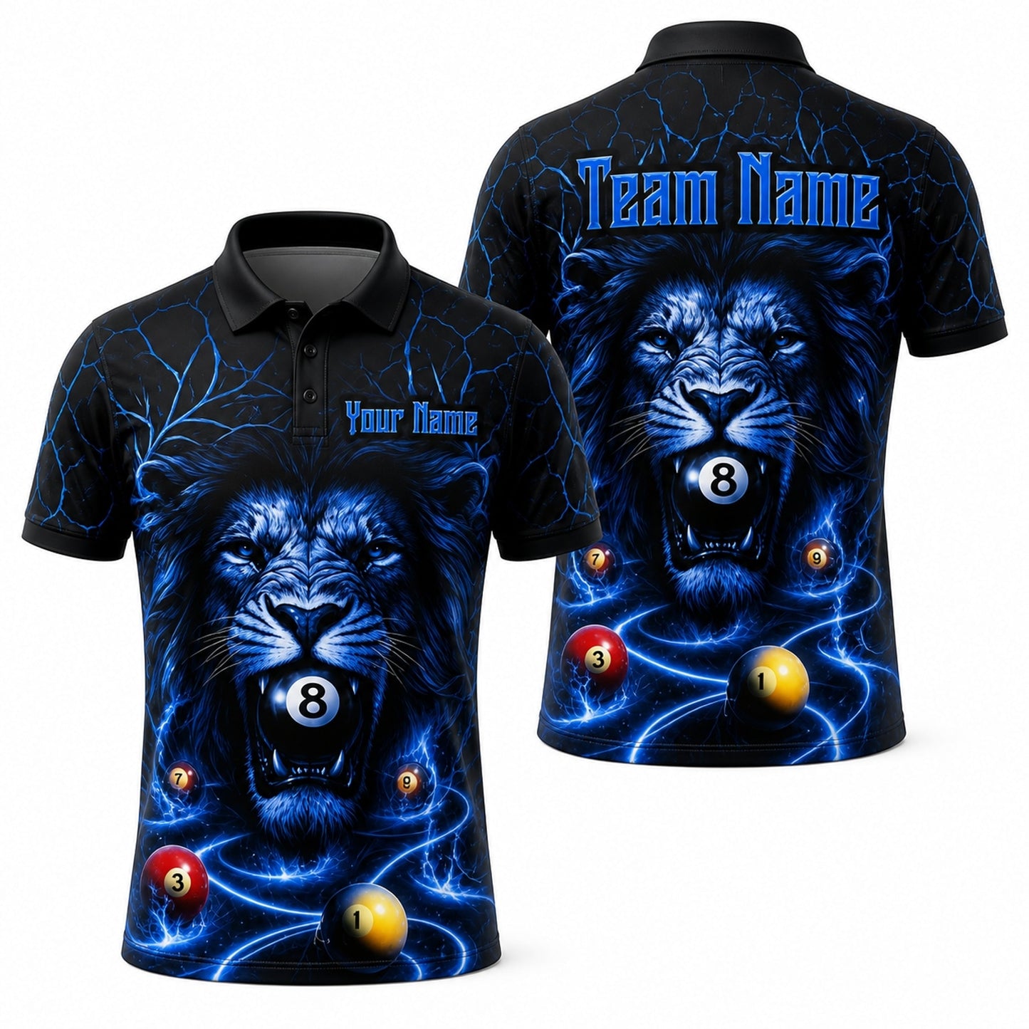 Electric Lion 8 Ball Graphic Personalized Billiard Polo Shirt