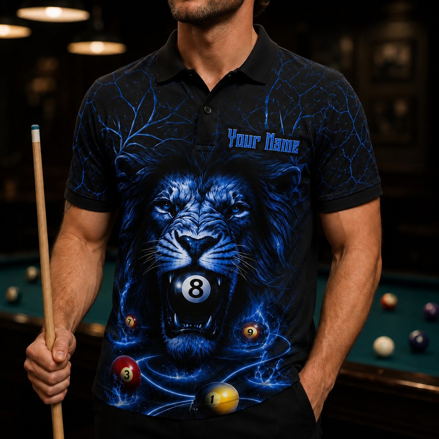 Electric Lion 8 Ball Graphic Personalized Billiard Polo Shirt Front View