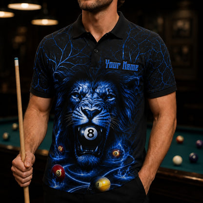 Electric Lion 8 Ball Graphic Personalized Billiard Polo Shirt Front View