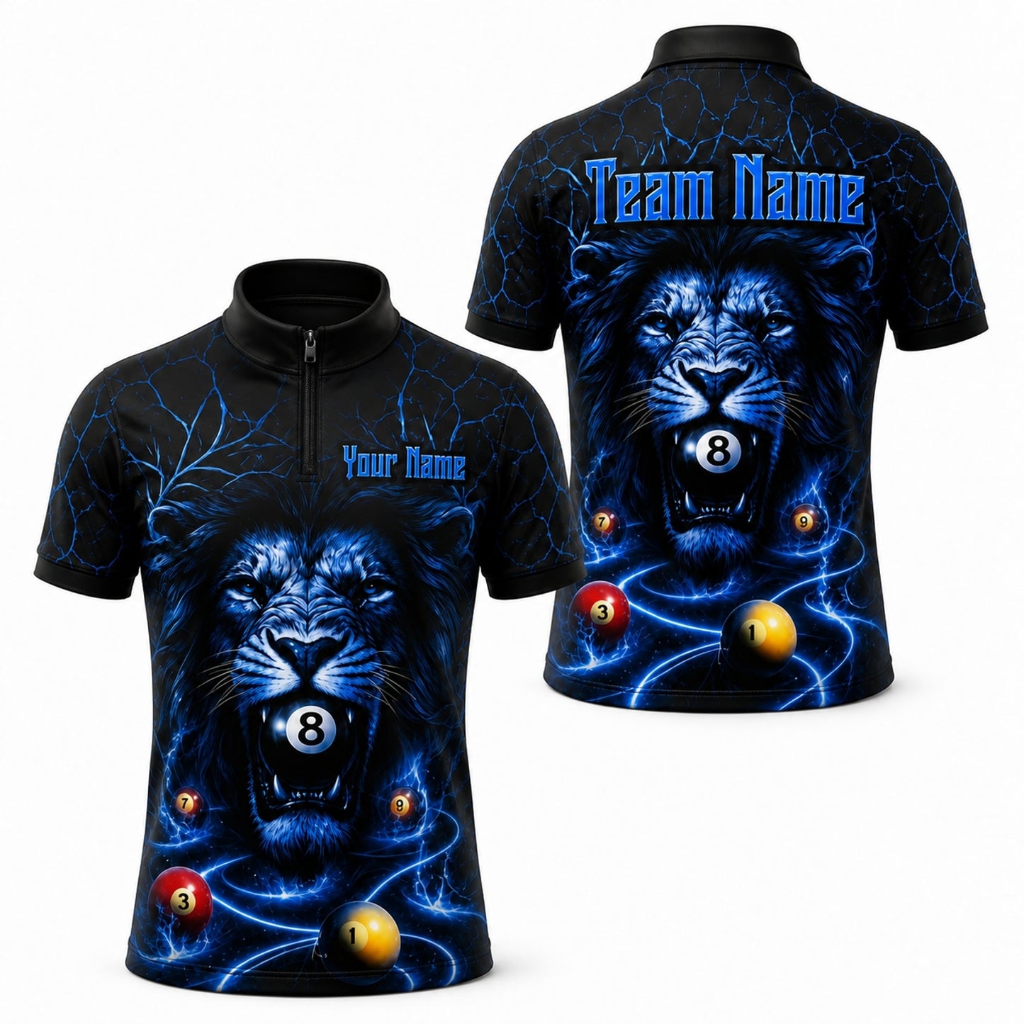 Electric Lion 8 Ball Graphic Personalized Billiard Polo Shirt Jersey Zip 1 4 Collar