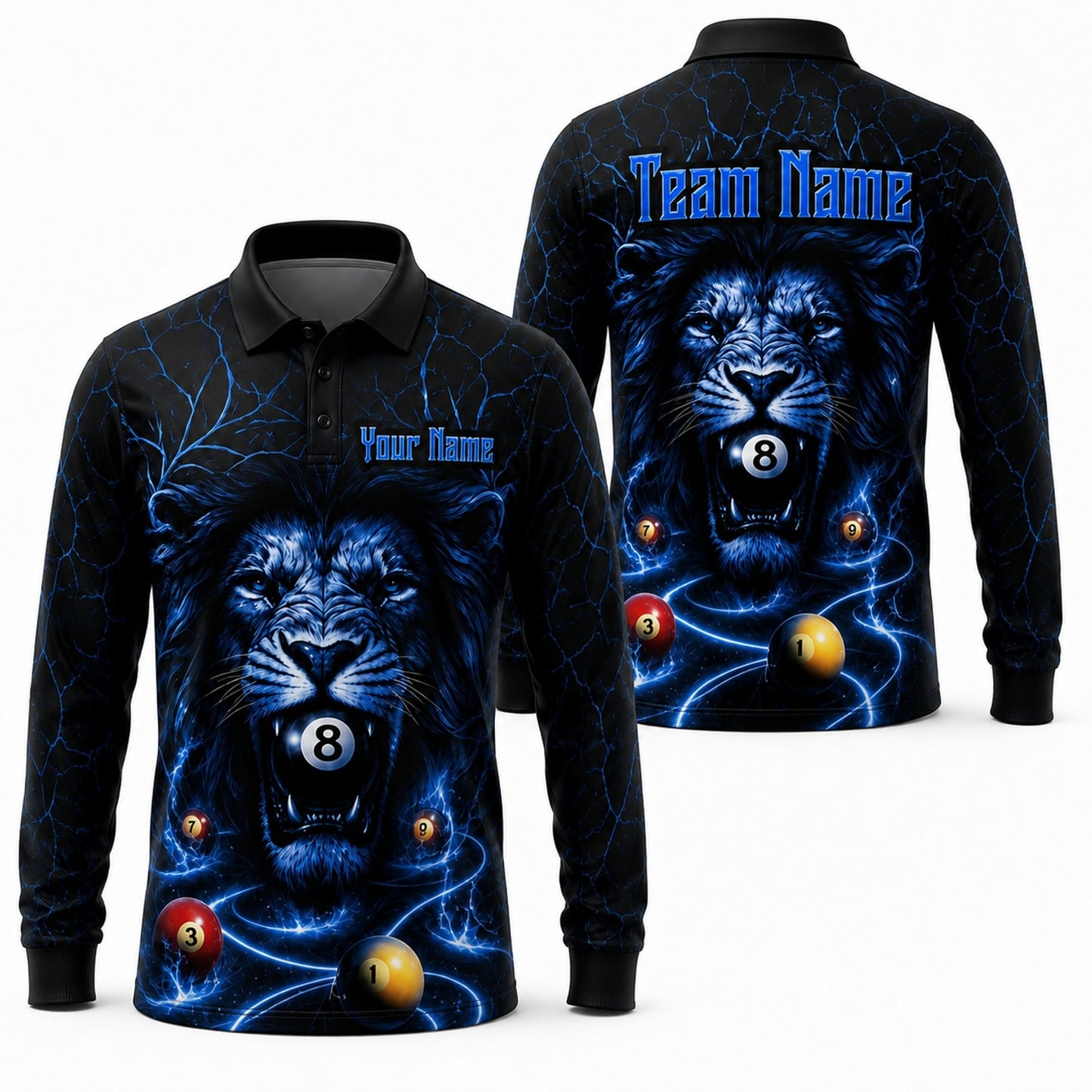 Electric Lion 8 Ball Graphic Personalized Billiard Polo Shirt Long Sleeve Polo