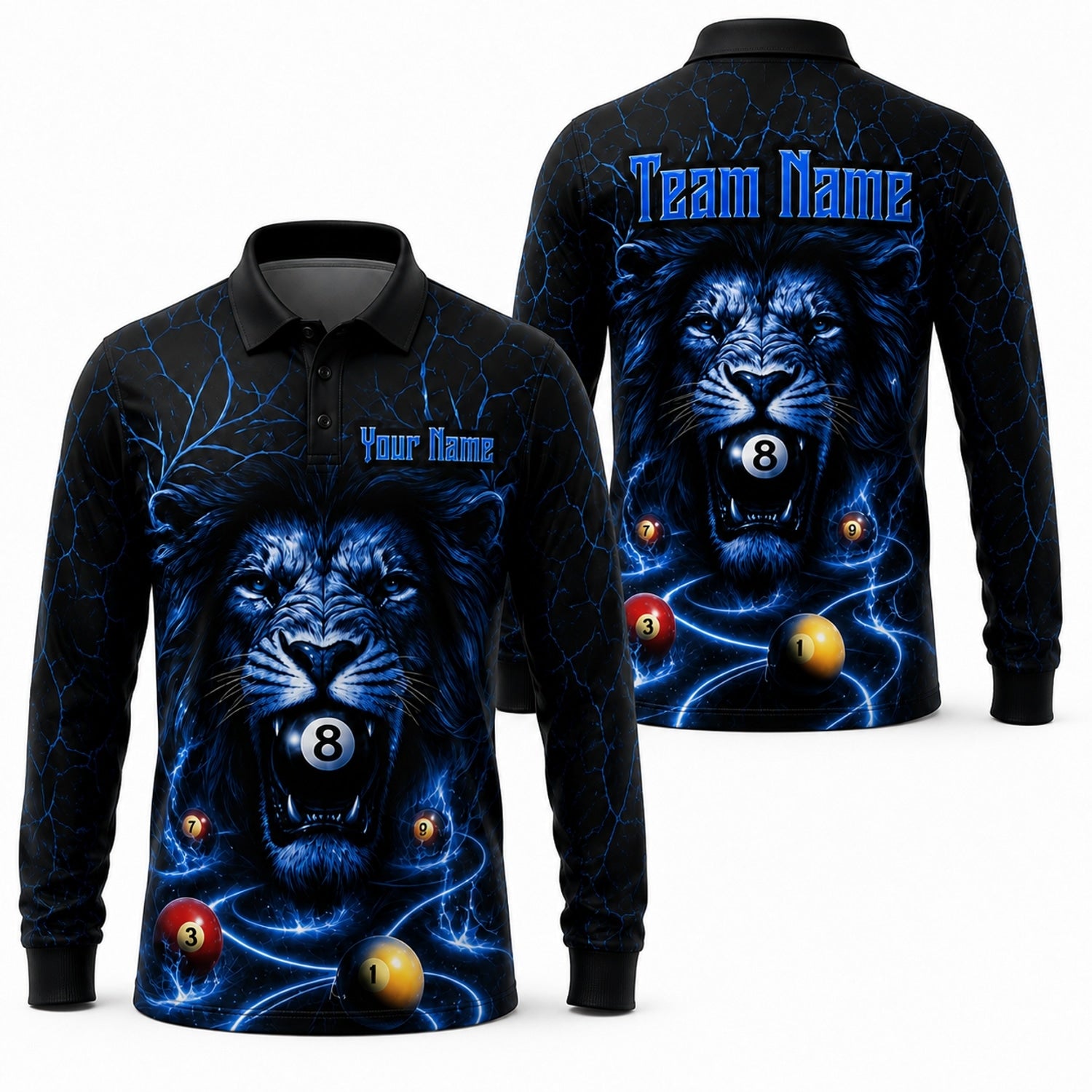 Electric Lion 8 Ball Graphic Personalized Billiard Polo Shirt Long Sleeve Polo