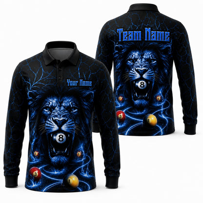 Electric Lion 8 Ball Graphic Personalized Billiard Polo Shirt Long Sleeve Polo