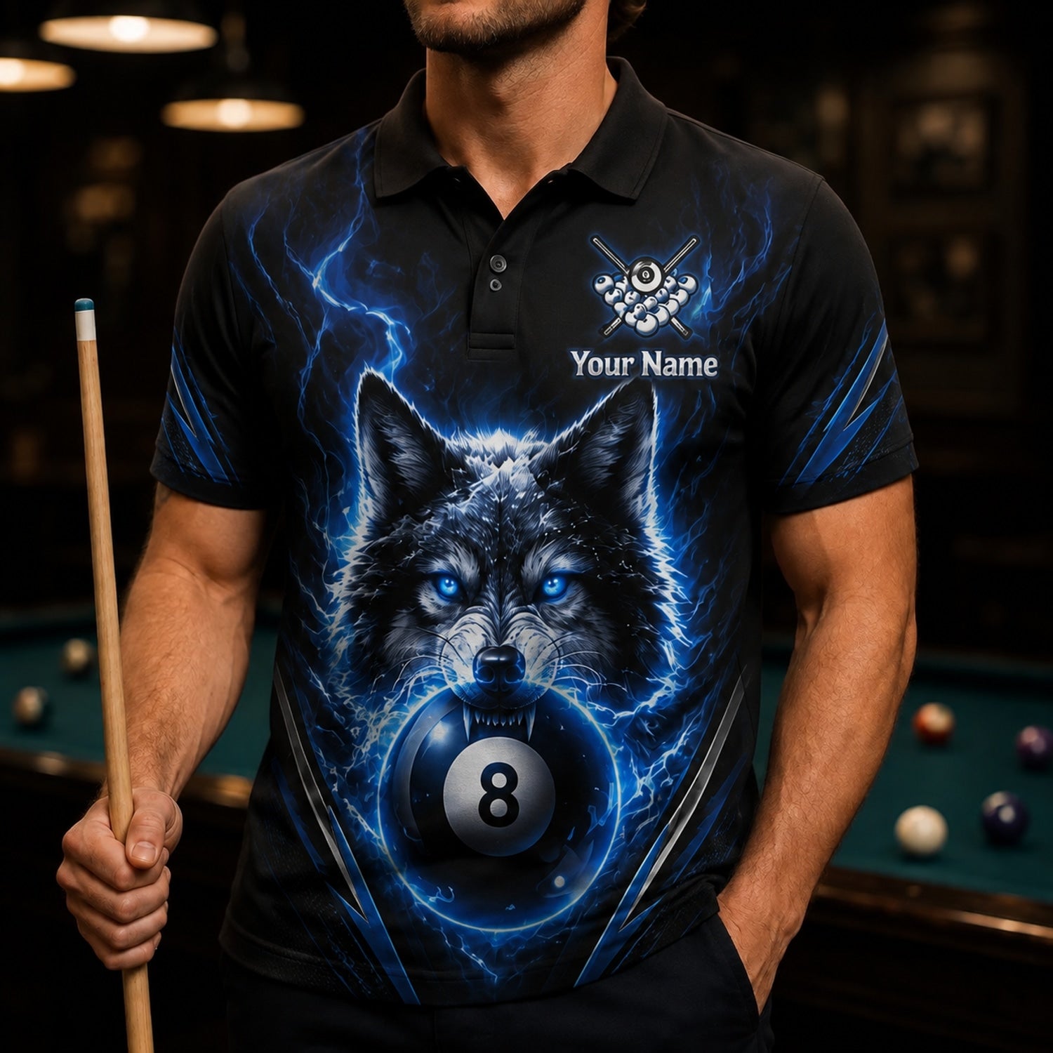 Electric Wolf 8 Ball Graphic Personalized Billiard Polo Shirt Front View