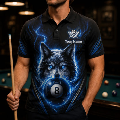 Electric Wolf 8 Ball Graphic Personalized Billiard Polo Shirt Front View