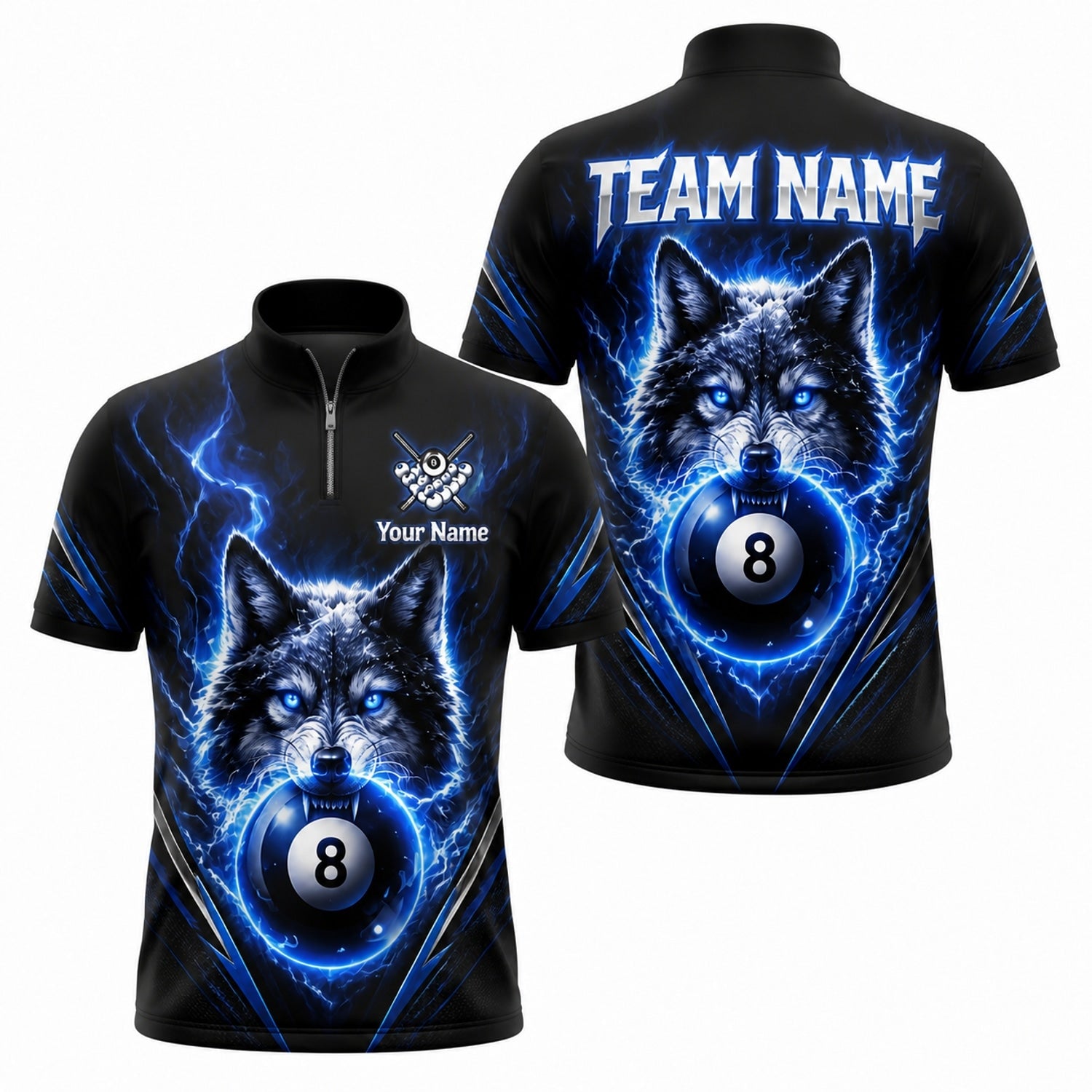 Electric Wolf 8 Ball Graphic Personalized Billiard Polo Shirt Jersey Zip 1 4 Collar