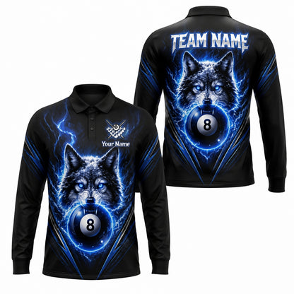Electric Wolf 8 Ball Graphic Personalized Billiard Polo Shirt Long Sleeve Polo