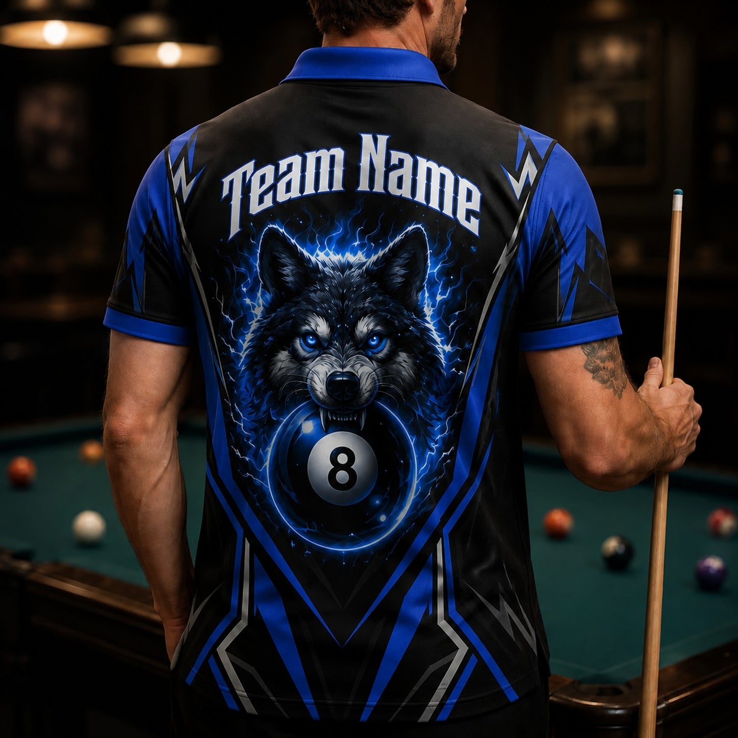 Electric Wolf 8 Ball Sport Personalized Billiard Polo Shirt Back View