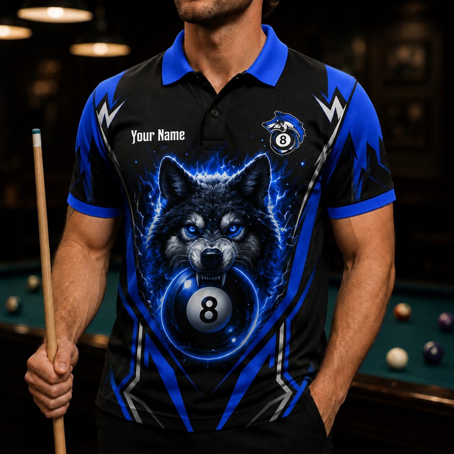 Electric Wolf 8 Ball Sport Personalized Billiard Polo Shirt Front View