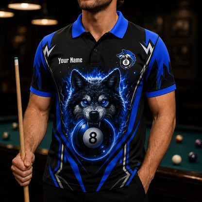 Electric Wolf 8 Ball Sport Personalized Billiard Polo Shirt Front View