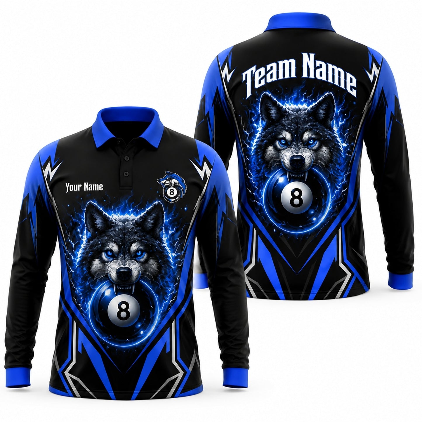 Electric Wolf 8 Ball Sport Personalized Billiard Polo Shirt Long Sleeve Polo
