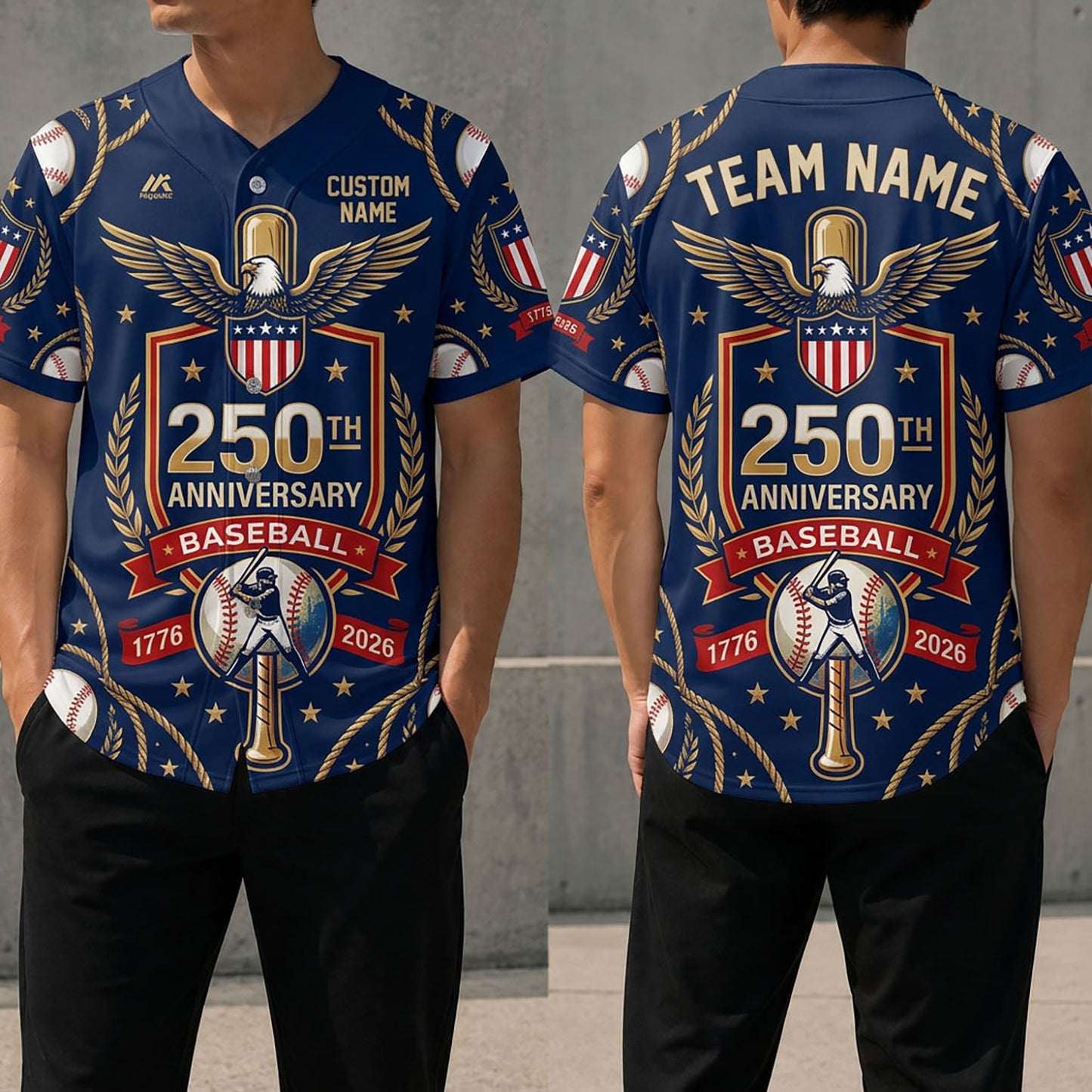 Front And Back View Of The Commemorative 250th Anniversary Baseball Shield Jersey Featuring Patriotic Eagle And Crossed Bats