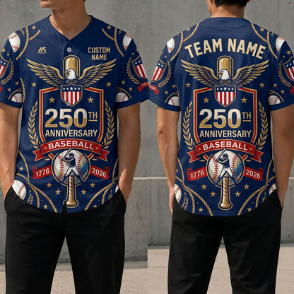 Front And Back View Of The Commemorative 250th Anniversary Baseball Shield Jersey Featuring Patriotic Eagle And Crossed Bats