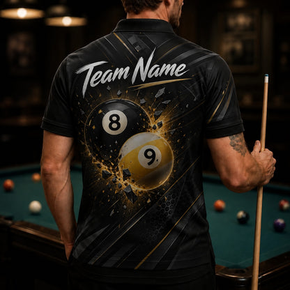 Exploding 8 And 9 Ball Sport Personalized Billiard Polo Shirt Back View
