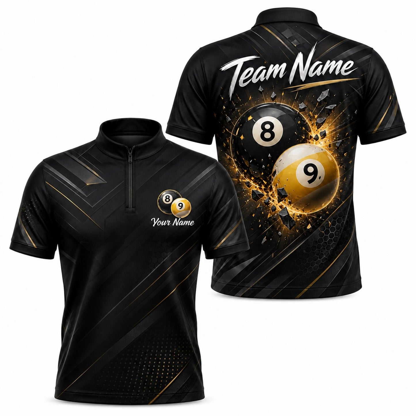 Exploding 8 And 9 Ball Sport Personalized Billiard Polo Shirt Jersey Zip 1 4 Collar
