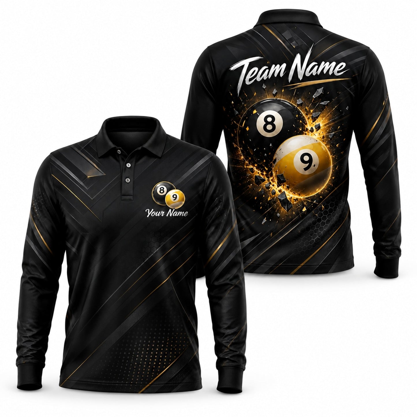 Exploding 8 And 9 Ball Sport Personalized Billiard Polo Shirt Long Sleeve Polo