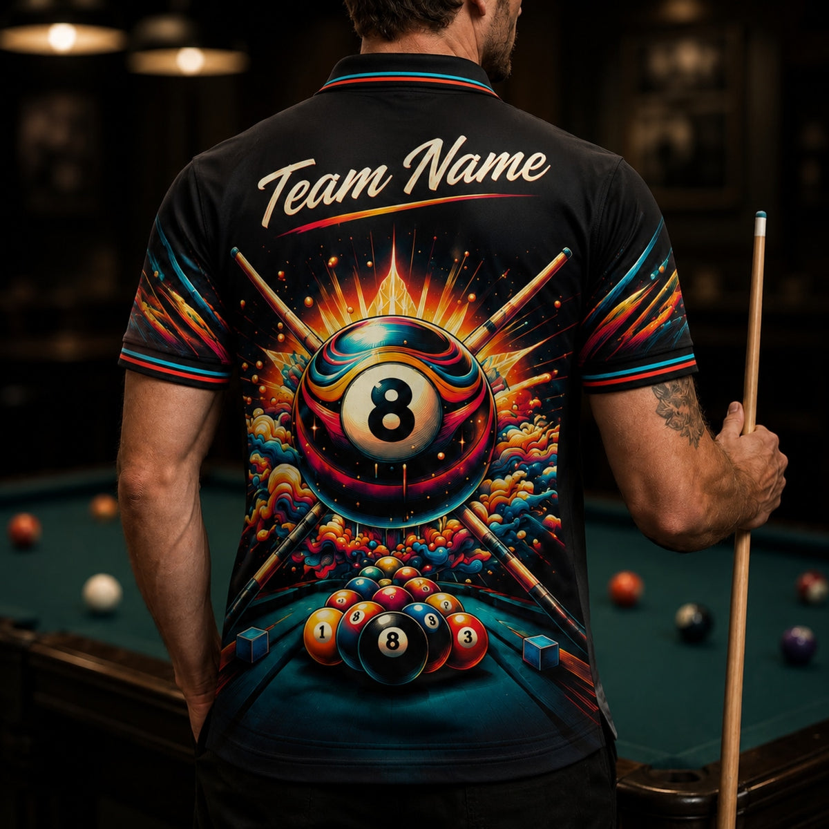Exploding 8 Ball Graphic Custom Billiard Polo Shirt Back View