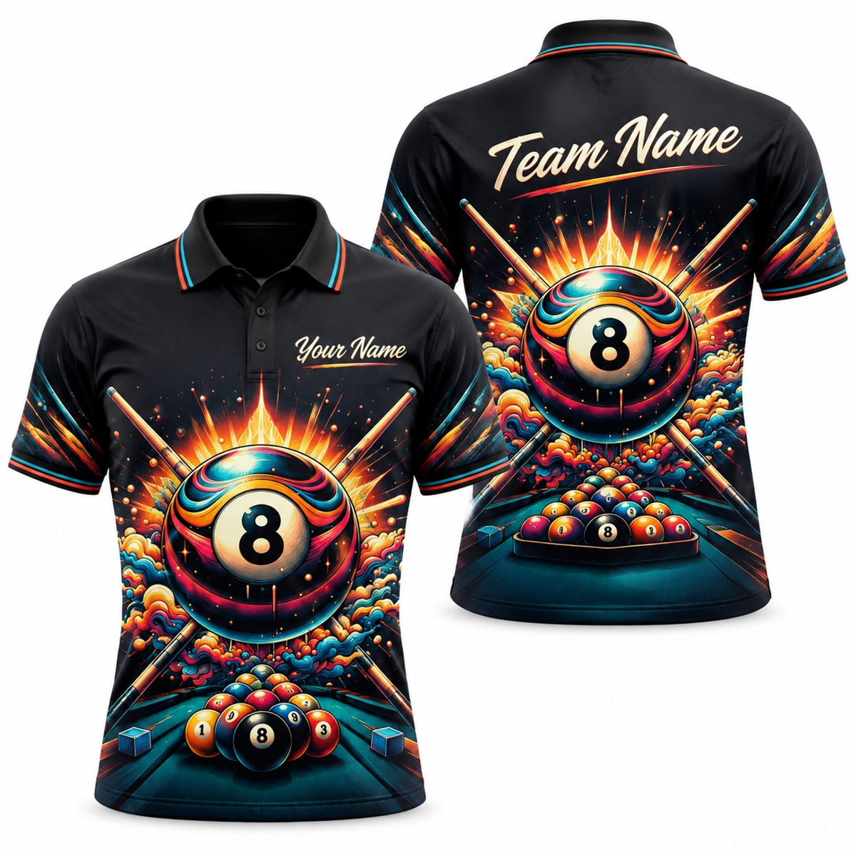 Exploding 8 Ball Graphic Custom Billiard Polo Shirt