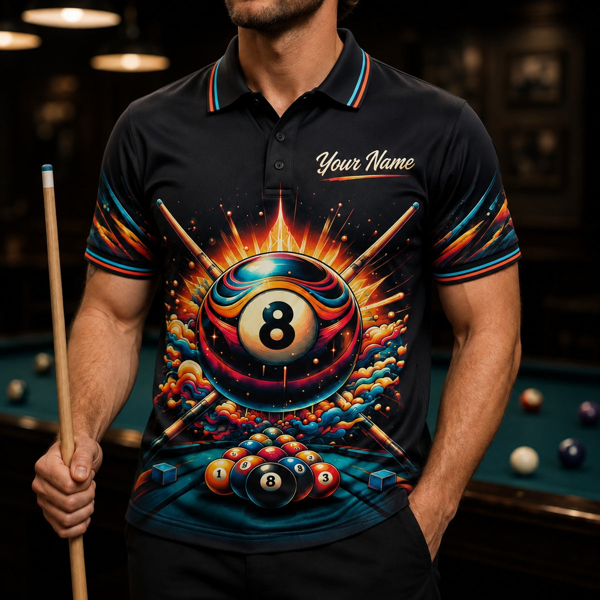 Exploding 8 Ball Graphic Custom Billiard Polo Shirt Front View