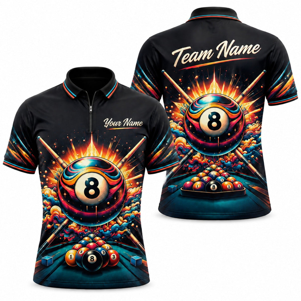 Exploding 8 Ball Graphic Custom Billiard Polo Shirt Jersey Zip 1 4 Collar