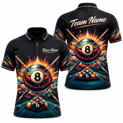 Exploding 8 Ball Graphic Custom Billiard Polo Shirt Jersey Zip 1 4 Collar