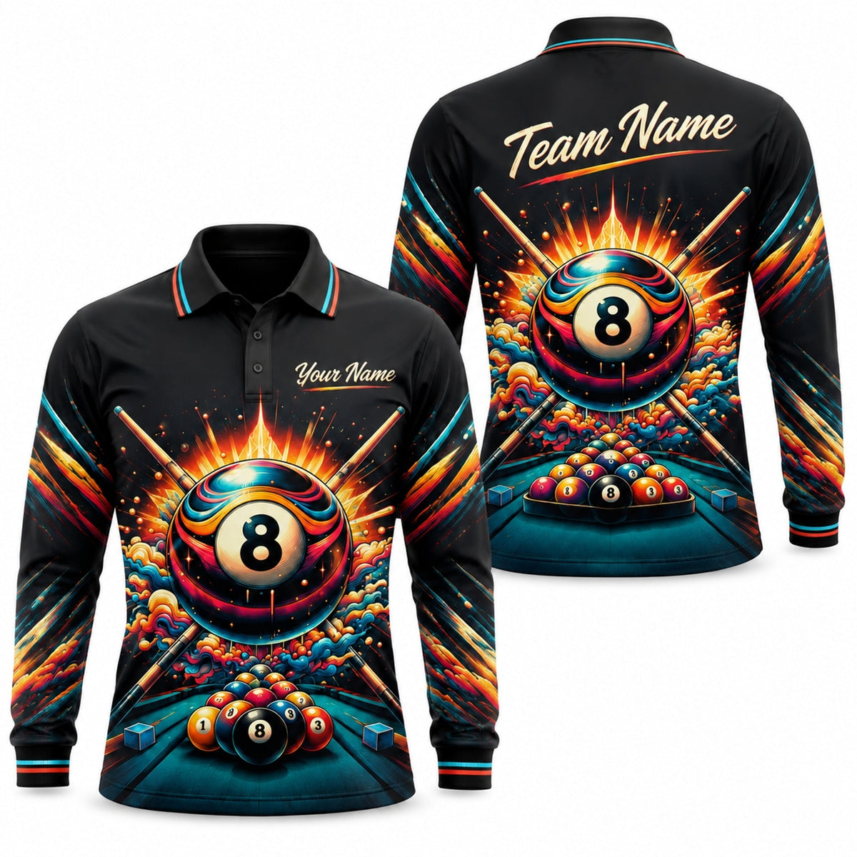 Exploding 8 Ball Graphic Custom Billiard Polo Shirt Long Sleeve Polo