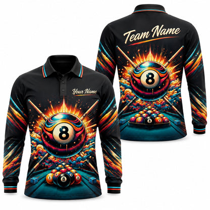 Exploding 8 Ball Graphic Custom Billiard Polo Shirt Long Sleeve Polo
