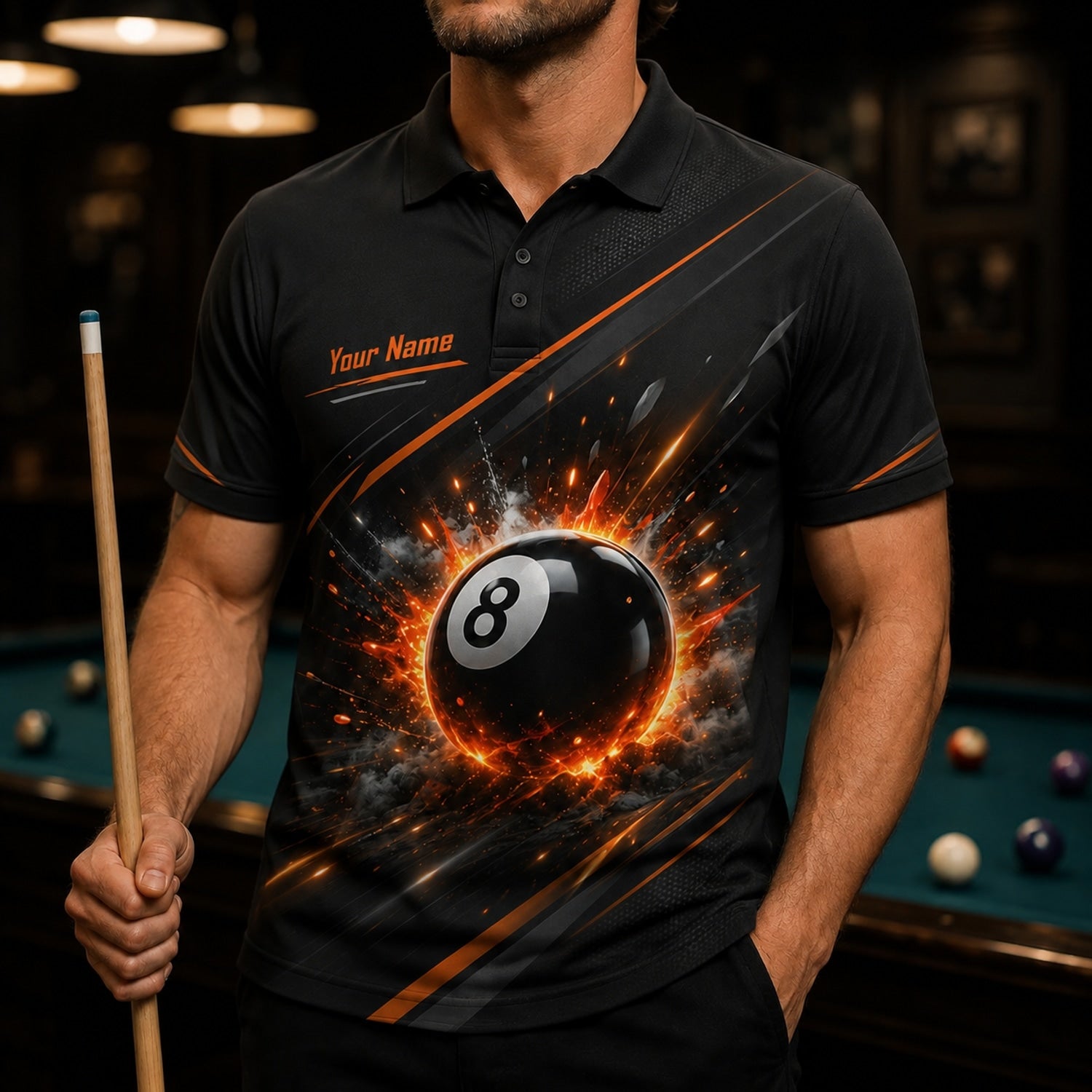 Exploding 8 Ball Graphic Personalized Billiard Polo Shirt Front View