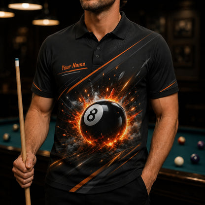 Exploding 8 Ball Graphic Personalized Billiard Polo Shirt Front View