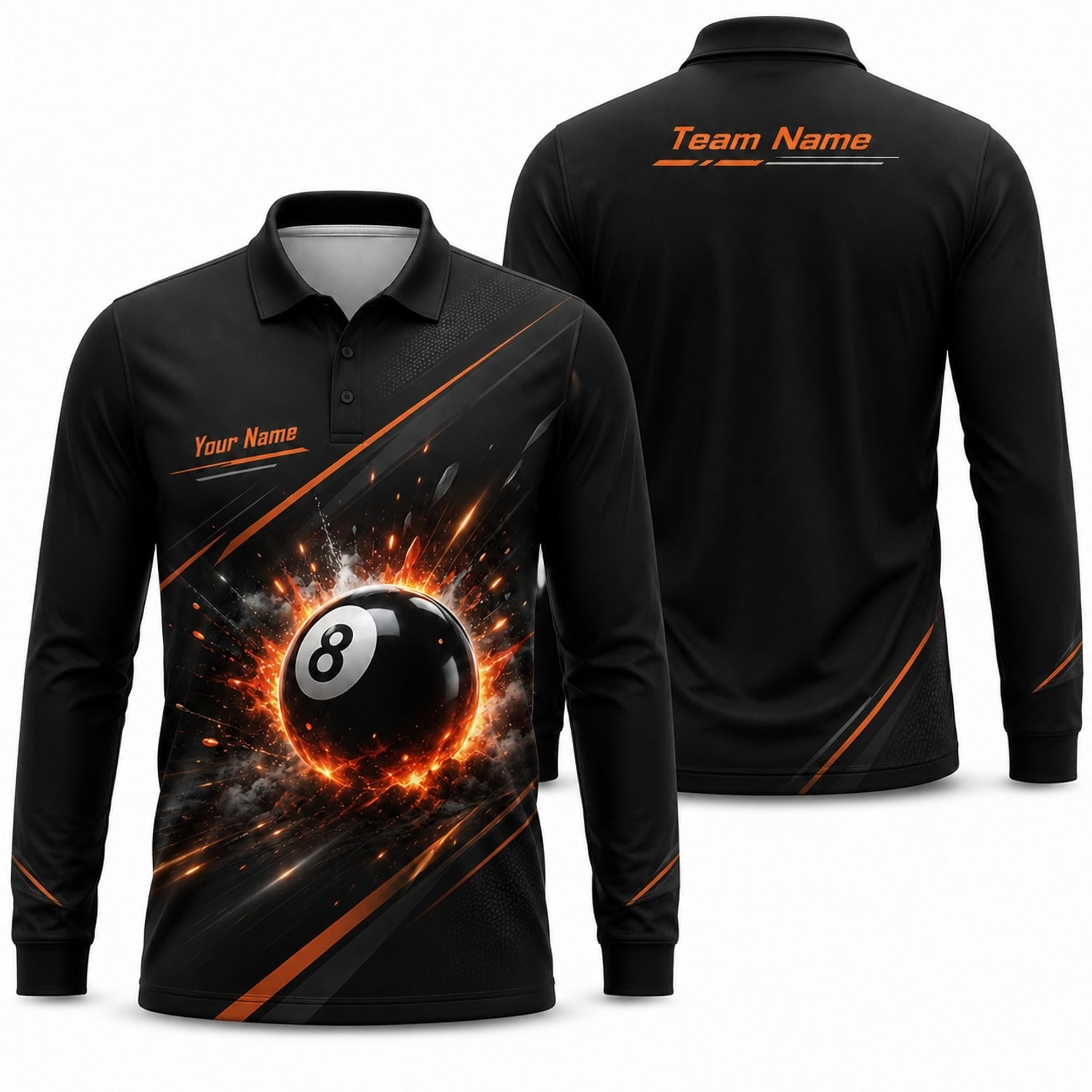 Exploding 8 Ball Graphic Personalized Billiard Polo Shirt Long Sleeve Polo