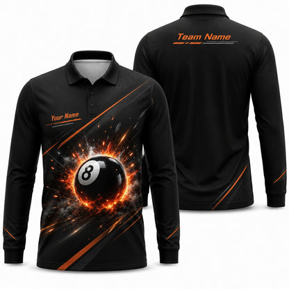 Exploding 8 Ball Graphic Personalized Billiard Polo Shirt Long Sleeve Polo