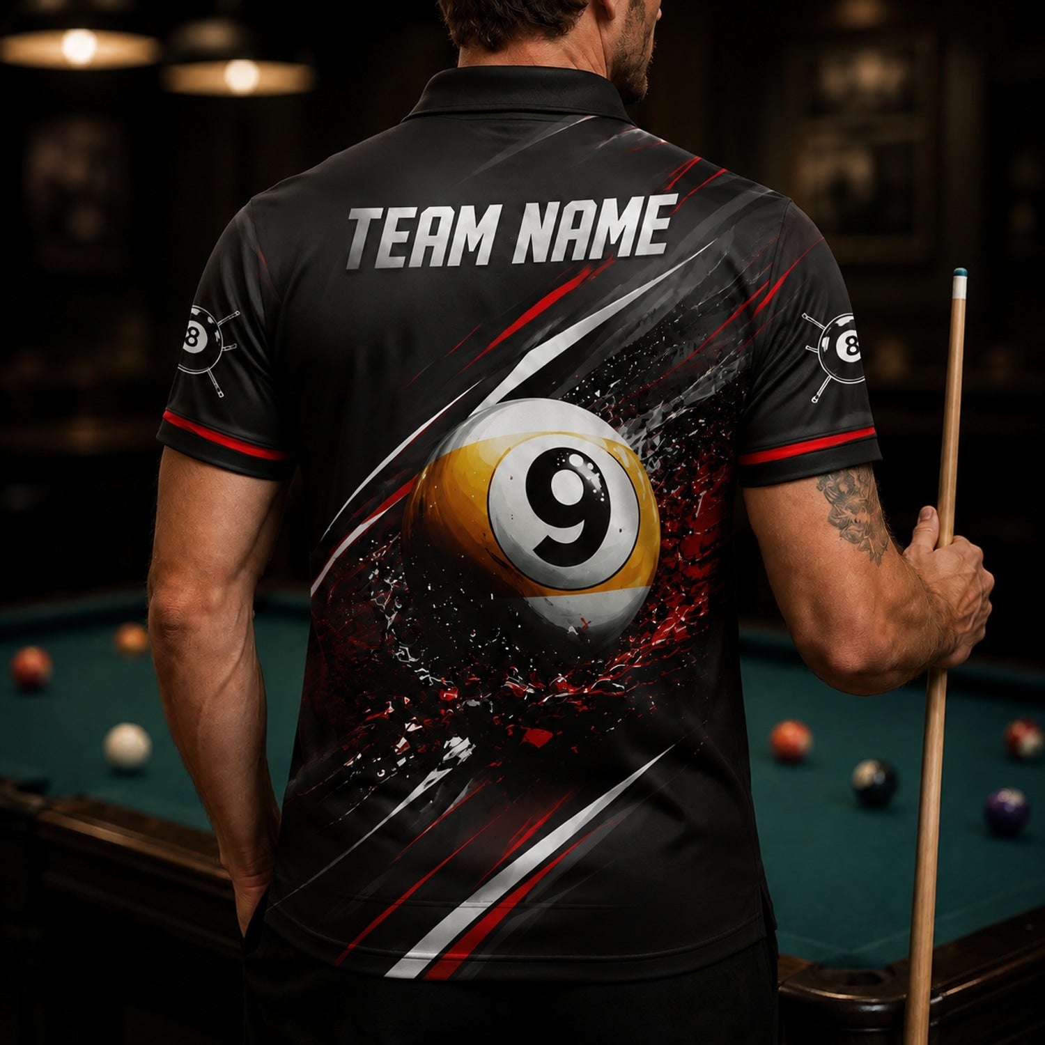 Exploding 9 Ball Sport Personalized Billiard Polo Shirt Back View