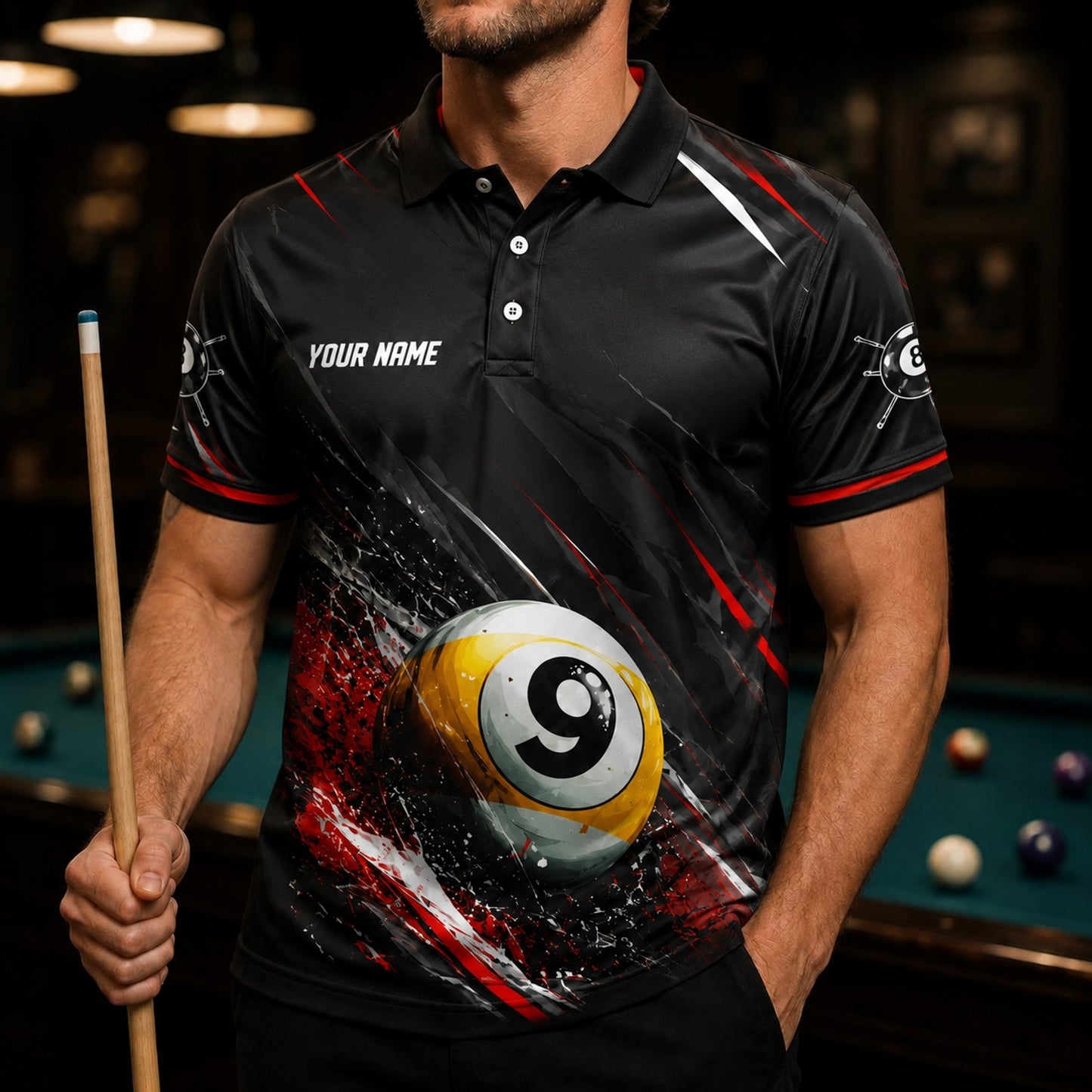 Exploding 9 Ball Sport Personalized Billiard Polo Shirt Front View
