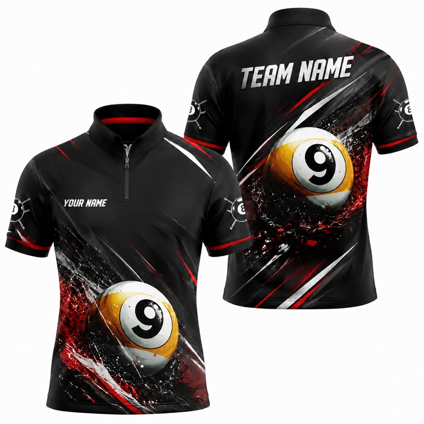 Exploding 9 Ball Sport Personalized Billiard Polo Shirt Jersey Zip 1 4 Collar