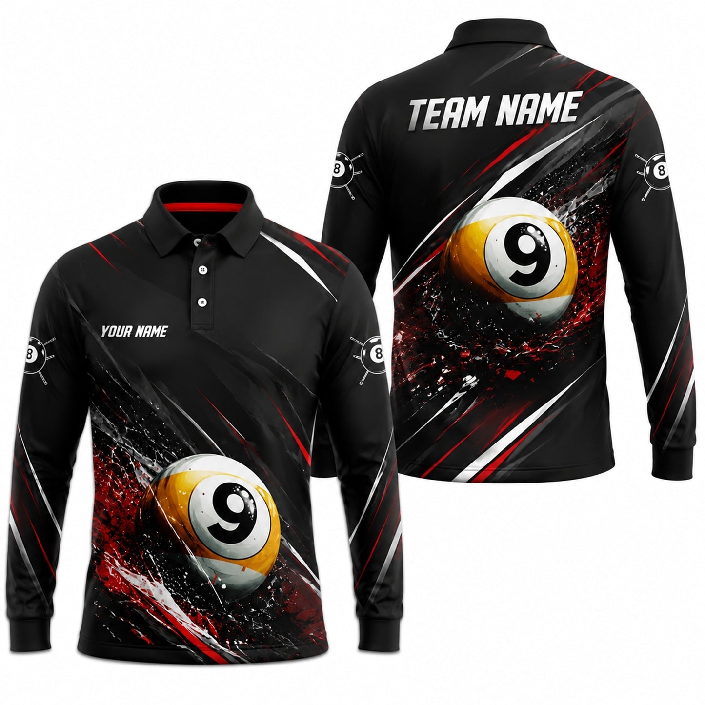 Exploding 9 Ball Sport Personalized Billiard Polo Shirt Long Sleeve Polo