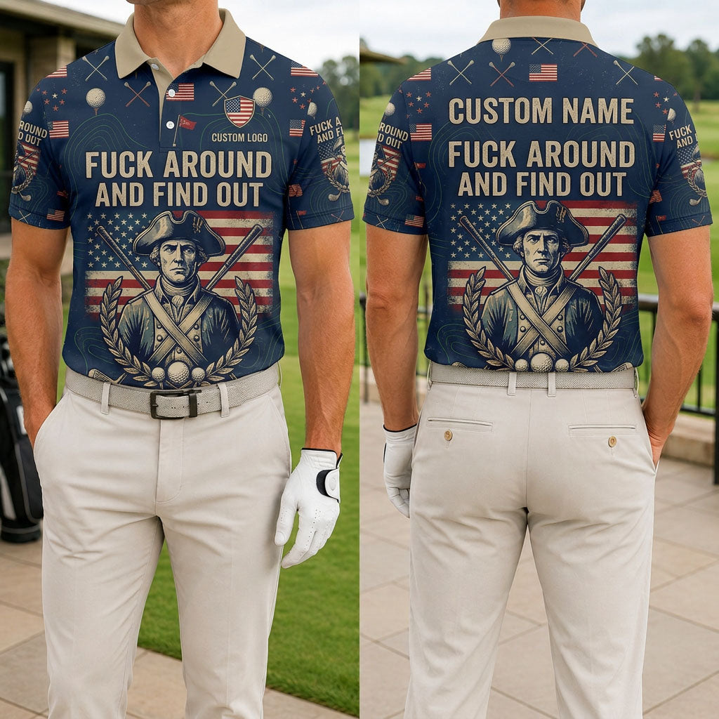 Front and back view of men's FAFO patriotic golf shirt