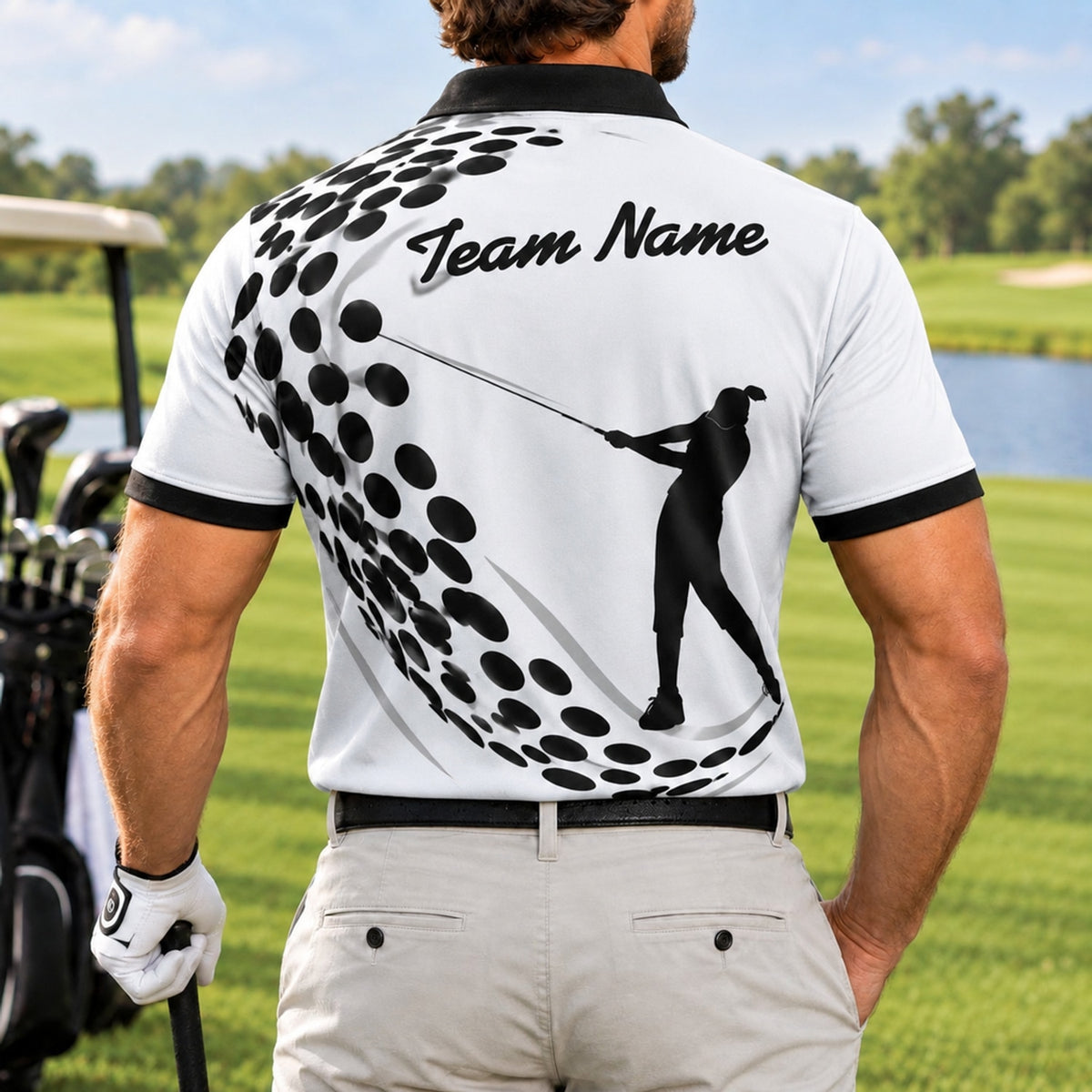 Female Golfer Silhouette Sport Custom Golf Polo Shirt Back View
