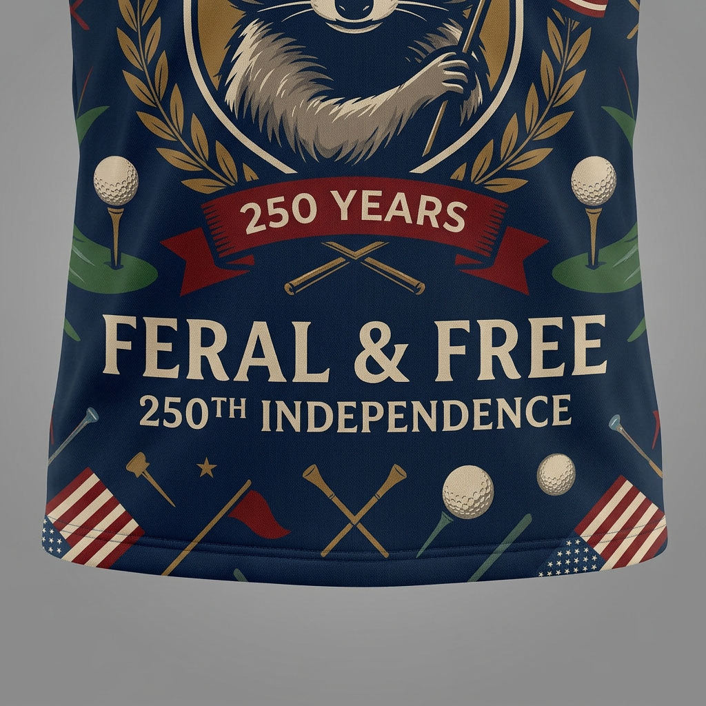Detailed closeup of the raccoon golfer and patriotic embroidery on polo fabric