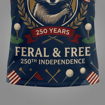 Detailed closeup of the raccoon golfer and patriotic embroidery on polo fabric