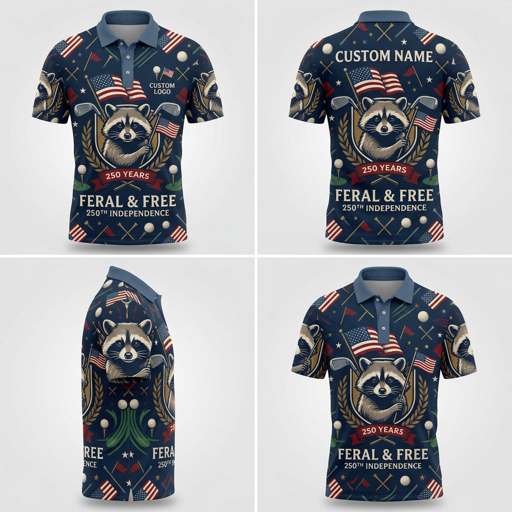 Multi-angle product display of the Feral & Free designer golf polo for men