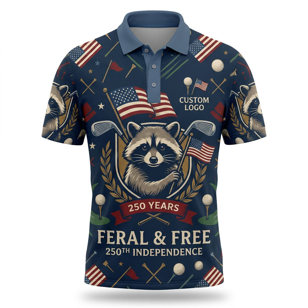 Flatlay layout of the commemorative 1776-2026 Feral & Free golf polo