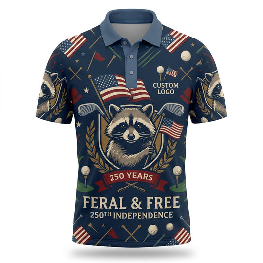 Flatlay layout of the commemorative 1776-2026 Feral & Free golf polo